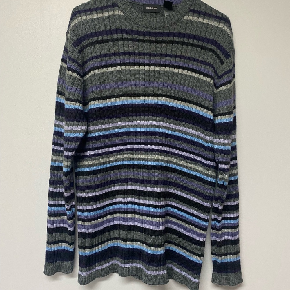 Claiborne Men's Striped Crewneck Sweater - Black, Gray, and Blue